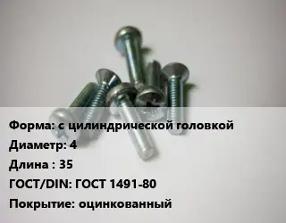 Винт с цилиндрической головкой 4х35 ГОСТ 1491-80 оцинкованный